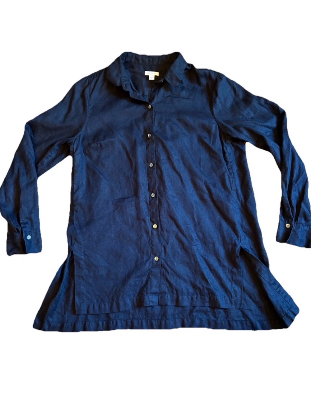 J. Jill Love Linen Long Sleeve Button Down Blouse Women's Navy Blue Tunic Shirt